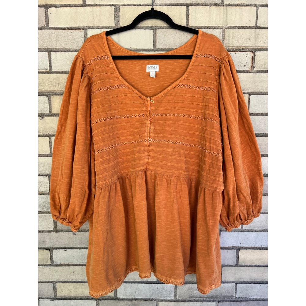 LOGO by Lori Goldstein Orange Lace Trim Pleated Peplum Top Plus Size 3X